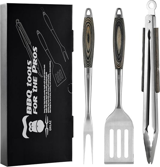 Grilaz Stainless Steel BBQ Tool Set with Veined-Dyed Wooden Handles | Heavy Duty Grilling Accessories | 3-Piece Outdoor Barbecue Grill Utensil Set with Spatula, Fork, and Tongs - Ideal Gift for Men…