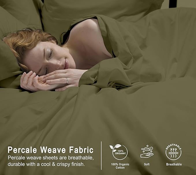 RUVANTI 100% Organic Cotton Sheets Full Size, Percale Weave, GOTS Certified, 4-Piece Set, Deep Pocket 15", Crisp & Breathable, Soft Durable Bedding, Sábanas Algodón Orgánico – Olive
