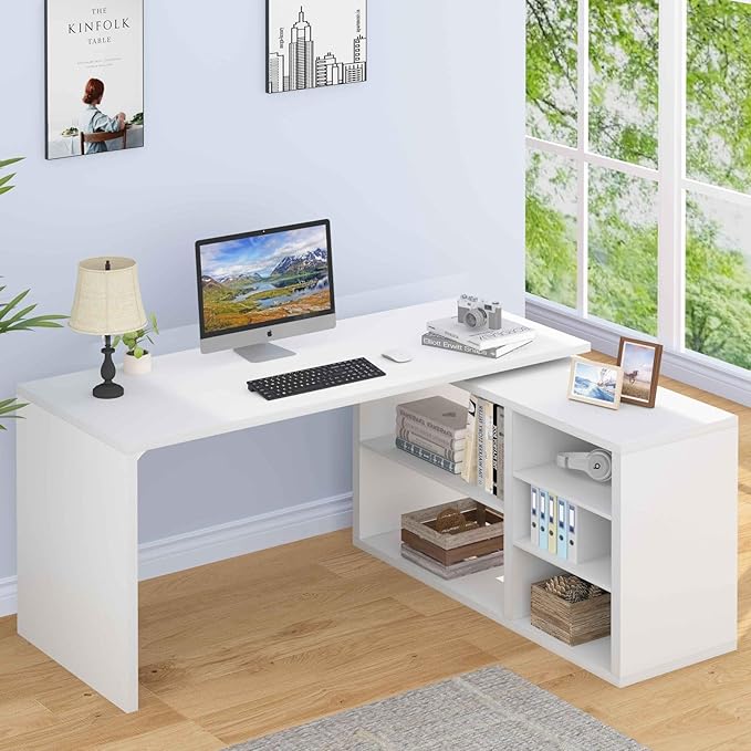 HSH White L Shaped Desk with Shelf, Reversible Modern Home Office Desk Workstation, L Shape Computer Desk with Storage Cabinet Drawer, Industrial Wood Corner Table for Work Study Writing Gaming, 55 In