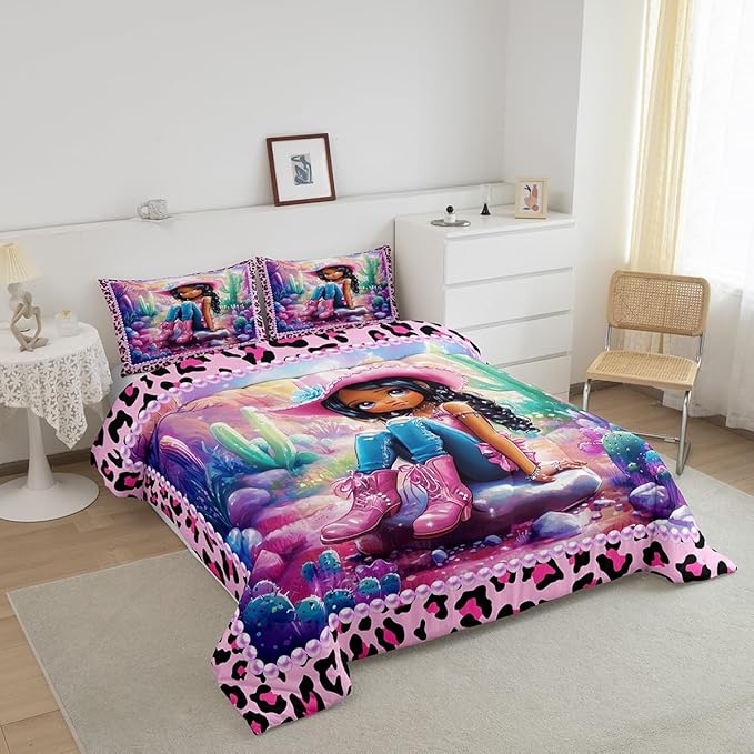Western Cowgirl Comforter Set Queen Size,Reversible Cute Girl Cactus American Style Bedding Set for Women Adult,African Pink Leopard Print Plaid Black Luxury Bed Duvet Insert, 2 Pillowcases