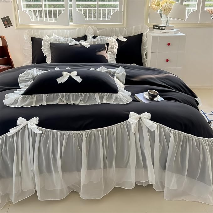 Girls Lace Bedding,Queen Comforter Cover Set, Chic Ruffled Duvet Cover with Lovely Bow,Princess Style 1 Duvet Cover with 2 Pillowcases, No Comforter-Black,Full Size