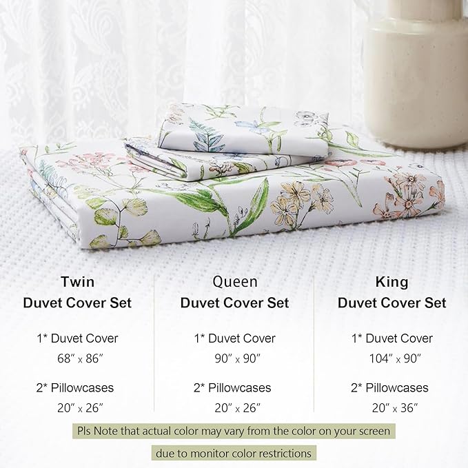 EAVD Vintage Garden Style Botanical Floral Duvet Cover Full White Soft 100% Cotton Chic Floral Cute Bird Print Bedding Set with 2 Pillowcases Fresh Botanical Duvet Cover with Zipper Closure