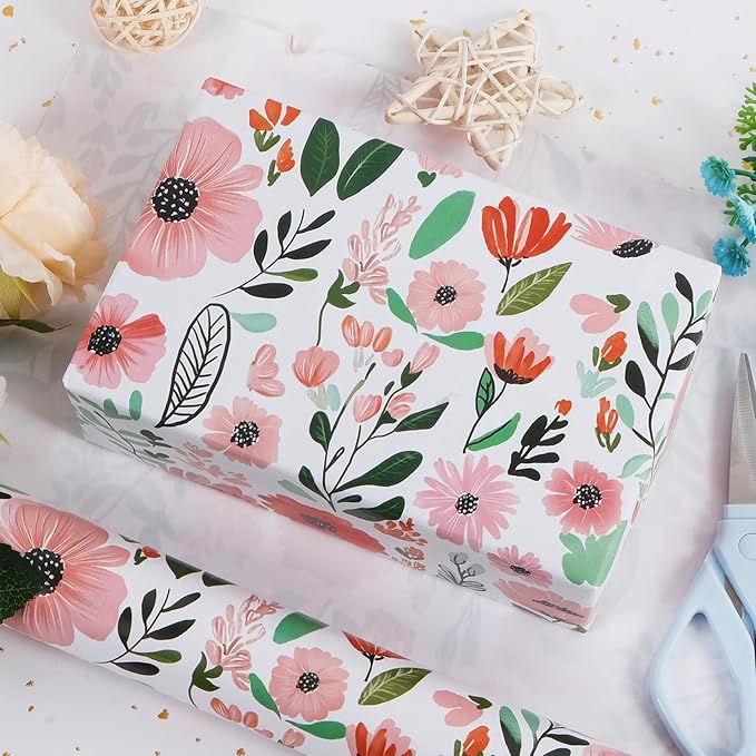 RayofSun Pink Floral Wrapping Paper Roll 17 in x 16.5 ft Mini Roll All Occasion Wildflower Flower Green leaves Gift Wrap Paper for Wedding Birthday Bridal Shower Party Wrapping Supplies