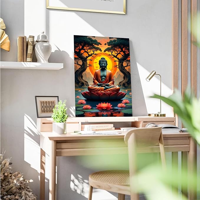 Canvas wall art Golden Buddha on lotus at sunset Ancient trees with reflections on water Serene meditation scene Uplifting wall art for mindfulness and tranquil home decor 24x36in Wood Framed