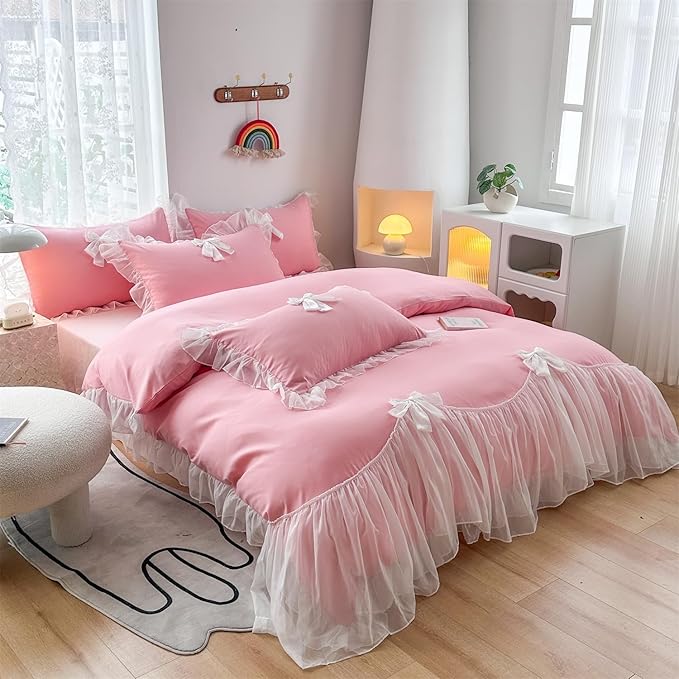 Girls Lace Bedding,Full Comforter Cover Set, Chic Ruffled Duvet Cover with Lovely Bow,Princess Style 1 Duvet Cover with 2 Pillowcases, No Comforter-Bright Pink,Full Size