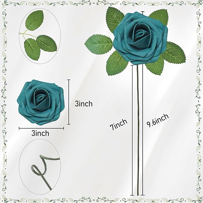 Artificial Flowers, 100pcs Artificial Rose for DIY Wedding Bouquets Centerpieces Arrangements, Dark Teal Fake Rose with Stems for Birthday Bridal Shower Graduation Events Decoration