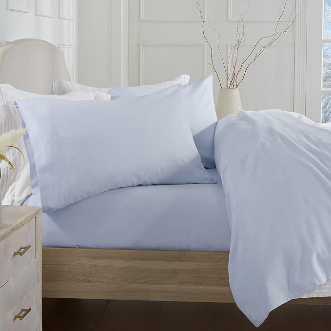 Market & Place 100% Turkish Cotton Flannel Sheet Set | 4 Piece Deep Pocket Solid Cozy Winter Bed Sheets | Double Brushed for Extra Softness & Comfort | Chalet Collection (King, Light Blue)