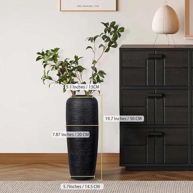 Large Rustic Ceramic Black Vase,19.7 Inch Tall Pottery Farmhouse Decor Floor Vase Vintage Flower Vases for Home Living Room Entryway Table Centerpiece Decor,Terracotta Vases,Wedding Gift