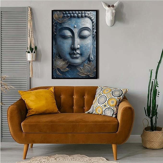 Canvas wall art Golden lotus crown Serene Buddha poster Ethereal blue toned art with delicate floral decor Zen wall art for a tranquil meditation space 8x12in Metal blackFramed