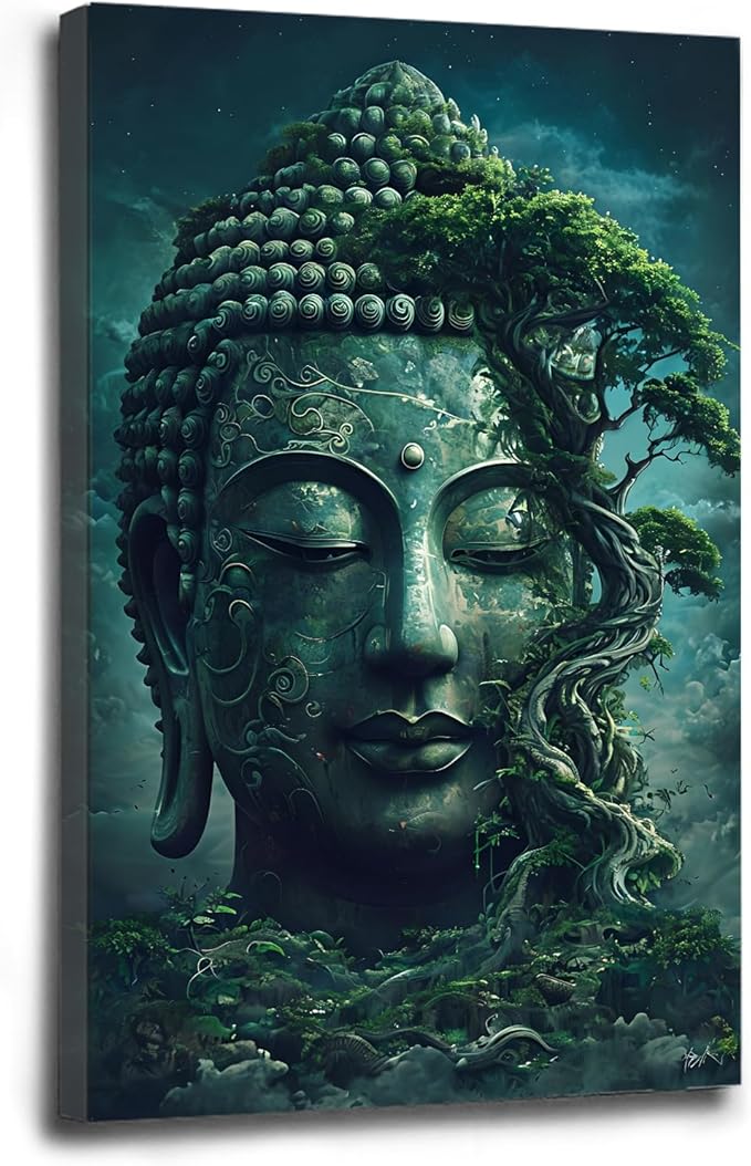 Buddha statue wall art canvas wall decor aesthetic picture mystical nature art for tranquil home and spiritual space 20x30in Wood Framed