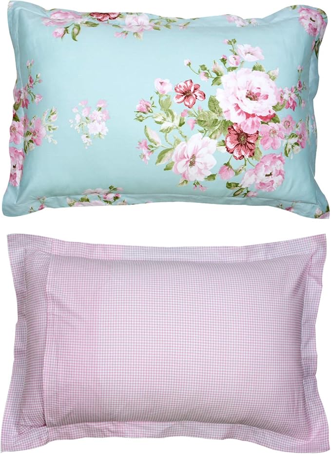 FADFAY Shabby Floral Duvet Cover Set Pink Grid Cotton Farmhouse Bedding with Hidden Zipper Closure 3 Pieces, 1duvet Cover & 2pillowcases,Full Size