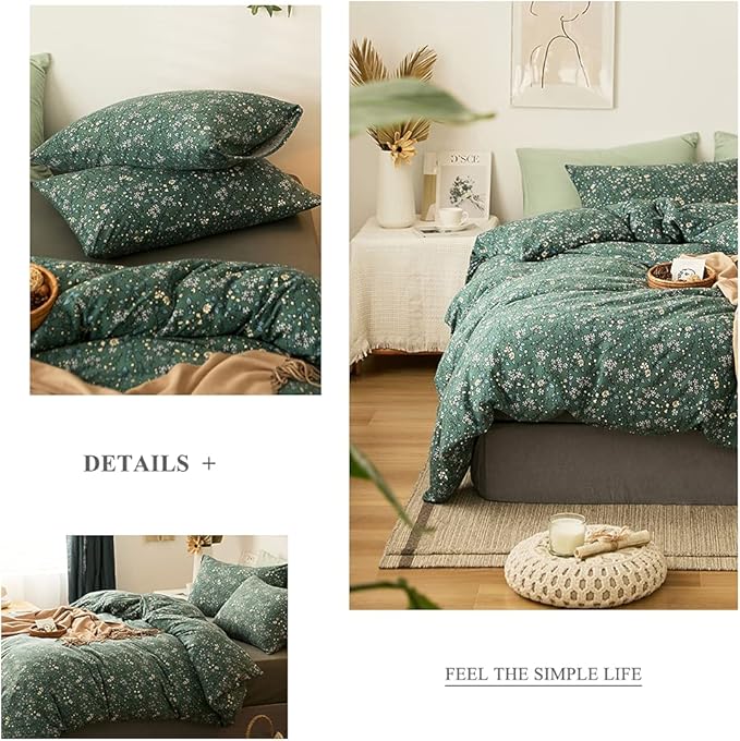 EAVD Vintage Style Green Floral Duvet Cover Twin XL Jersey Cotton Cottagecore Bedding Set with 2 Pillowcases Chic Shabby Botanical Floral Comforter Cover with Zipper Closure