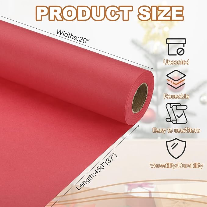 PATIKIL Wrapping Paper, 20" x 450"(37') 70 GSM Craft Paper Roll Kraft Packing Paper for Poster Bulletin Board, Gift Wrapping, Red