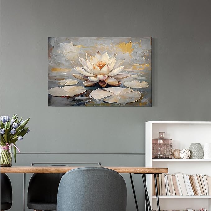 Ethereal white lotus floating on Crystal Waters poster vintage oil painting printwall art soft blush and gold accents serene home and office decor dreamy 12x18in Wood Framed