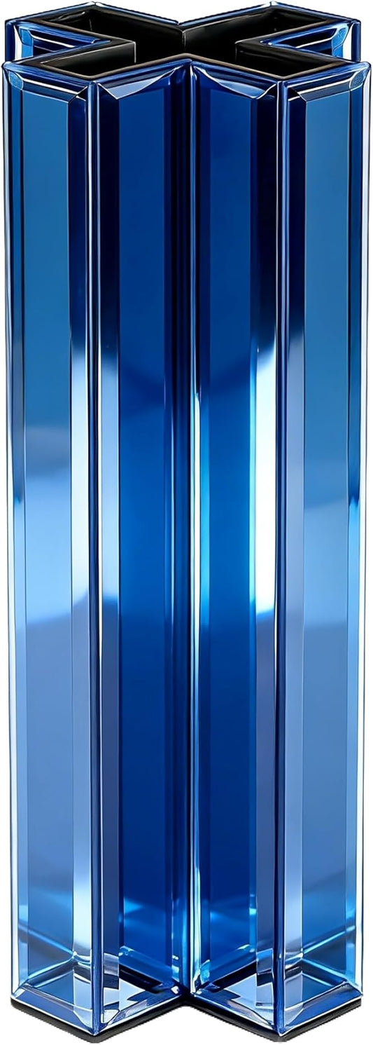SHYFOY Blue Mirrored Vase - 12 Inch Tall Cross-Shaped Decorative Glass Flower Vases for Home Decor, Living Room Table Kitchen Fireplace Decor - Can’t Hold Water