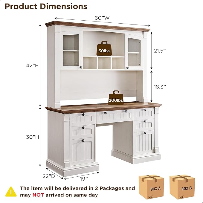 OKD 60" Executive Desk with Hutch and Drawers, Farmhouse Home Office Desk with Charging Station, Keyboard Tray, File Cabinet Storage, Wood Computer Desk for Work and Study, Antique White