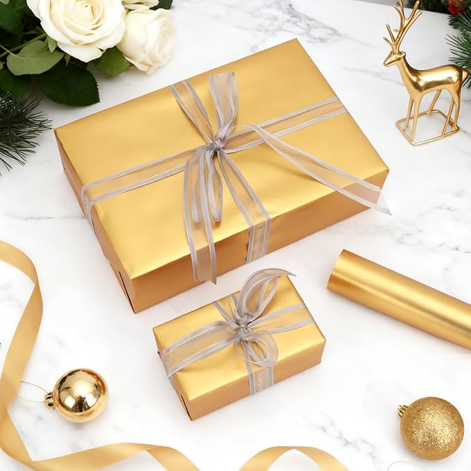 Gold Wrapping Paper, 2 Roll 17in x 33ft Matte Metallic Gold Solid Color Gift Wrapping Paper Roll Perfect for Birthday, Christmas, Baby Shower, Wedding, Valentine's Day, DIY Invitations, Arts & Crafts