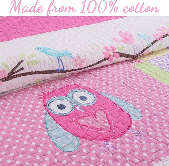Cozy Line Home Fashions Queen - 7 Piece Cute Owl Pink Blue Green Embroidery 100% Cotton Reversible Girl Bedding Quilt Set, Coverlet, Bedspreads (1 Quilt + 2 Shams + 4 Decorative Pillows)