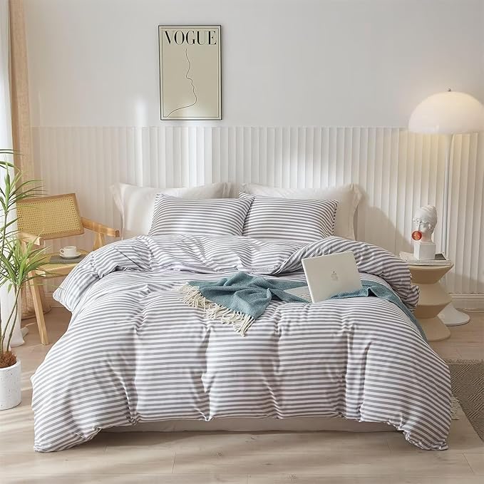 King Size Comforter Set 3 Pieces Striped Comforter Set King Modern Style Boho Bedding Comforter White Grey Stripes Pattern Comforter Set Fluffy Lightweight Farmhouse Bed Comforter for All Season