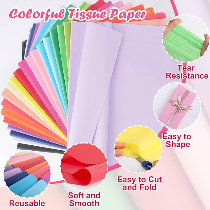 800 Sheets Tissue Paper, 20 Colors 10" X 14" Tissue Papers for Gift Bags Birthday Party Flower Decoration, Colored Tissue Paper Bulk for Packaging