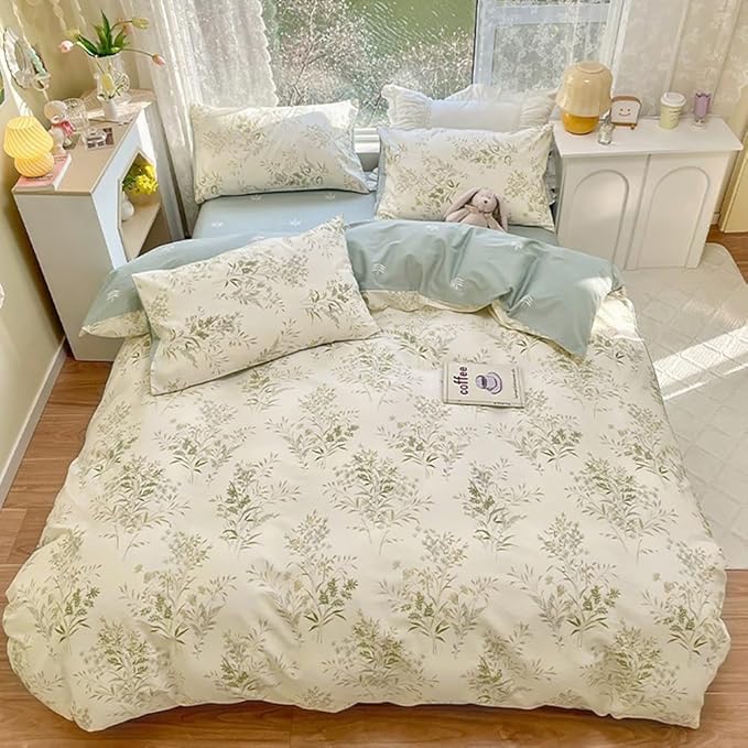 LifeTB Floral Botanical Comforter Set Full Size, Aesthetic Flower Leaves Pattern Cute Floral Bedding Comforter Set, 3 Pieces Lightweight Soft Fluffy Botanical Flowers Comforter with 2 Pillowcases