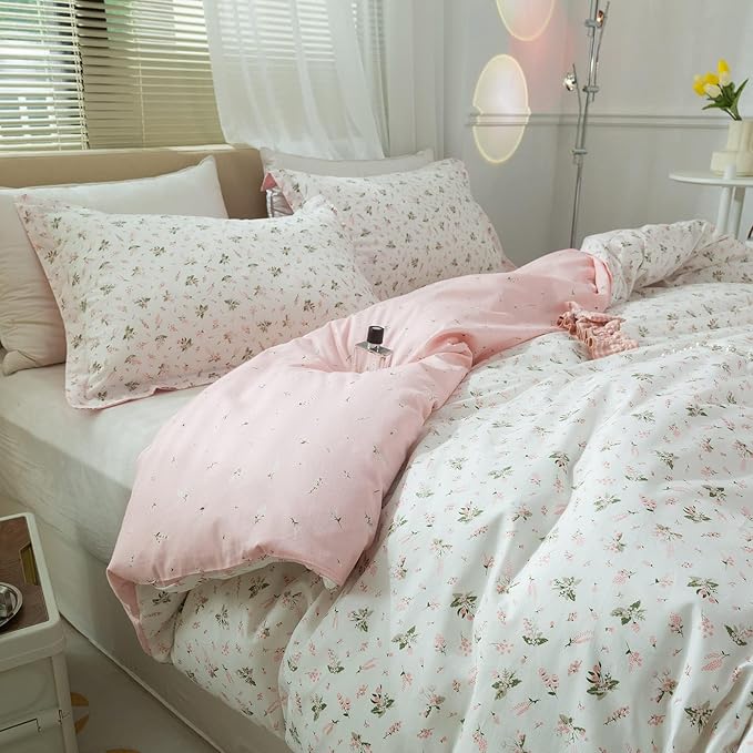 Girl Floral Duvet Cover Twin Pink White Flower Print Bedding Sets Garden Style Flower Comforter Cover Cotton Aesthetic Bedding Cover Chic Floral Bedroom Collection 1 Duvet Cover with 2 Pillowcases
