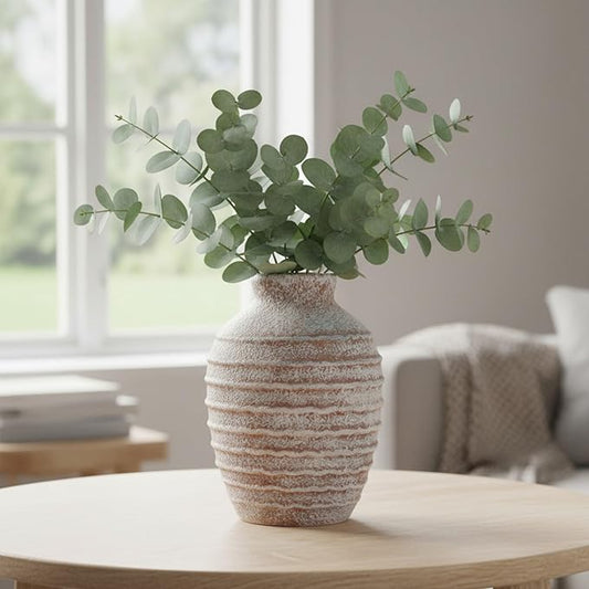 Rustic Ceramic Flower Vase,6.9 Inch Pottery Farmhouse Vases for Home Decor Boho Terracotta Vase Decorations Vintage Floral Vase Decor for Living Room,Table,Bedroom,Shelf,Mantel,Kitchen-Warm Sand Beige