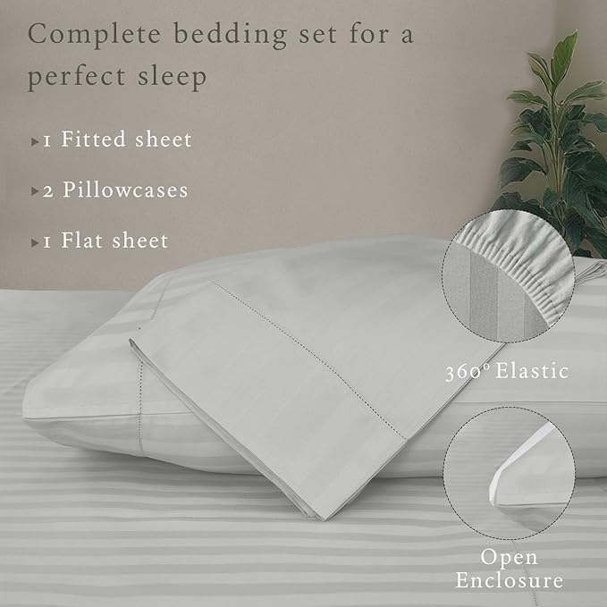 Threadmill 500 Thread Count King Size Damask Stripe, 4 Pc Luxury Cotton Bed Sheet Set, Silky Soft Light Grey Sheets with 16" Elasticized Deep Pocket, 2 Pillowcases & Free Tote Bag