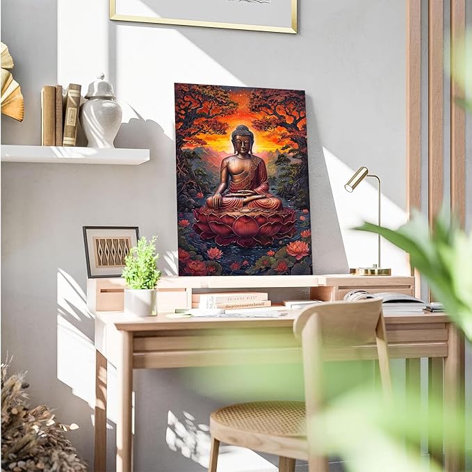Golden Buddha on lotus seat serene meditation statue amidst lush trees flowing water and sunrise light spiritual home art for a tranquil decor 32x48in Frameless