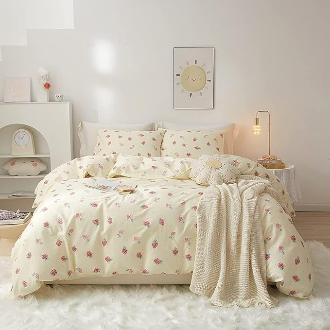 LifeTB Cute Strawberry Duvet Cover Twin XL Soft Cotton Kawaii Bedding Sets Kids Girls Bedroom Decor Fresh Small Comforter Cover 3 Piece Bed Set Twin XL Duvet Cover 2 Pillowcases