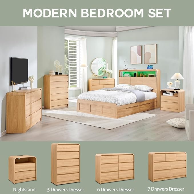 Modern 5 Drawers Dresser for Bedroom, 45" Tall Dressers & Chests of Drawers w/Curved Profile Design, Wood Mid Century Vertical Dresser w/Natural Texture for Bedroom, Living Room, Natural Oak