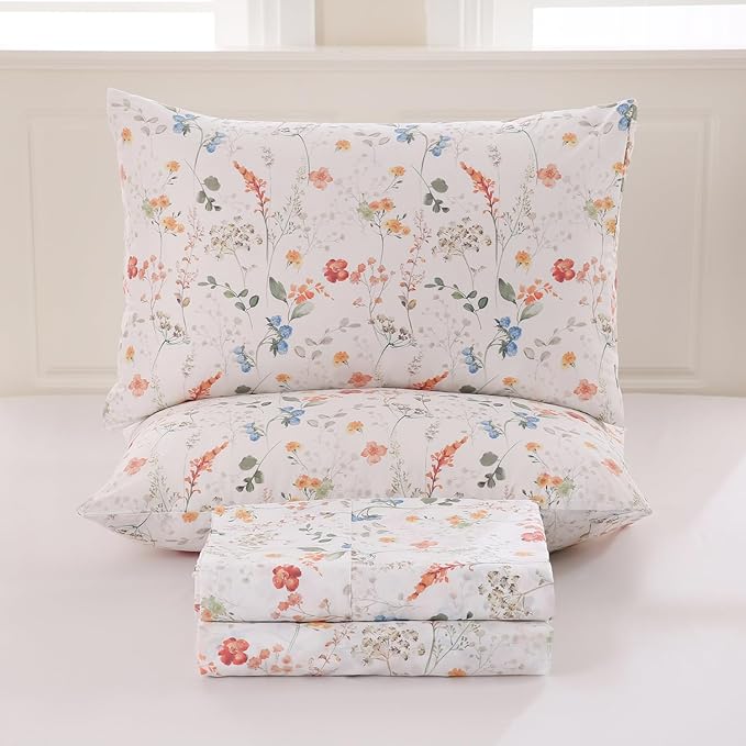 Zusbest Floral Bed Sheets Cal King Percale Cotton Orange Blue Flower Sheet Set Green Botanical Printed on White Patterned Deep Pocket Sheets, Crisp Soft Breathable for Hot Sleepers, California King