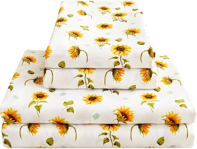 Softan Floral Sheet Set Full, Sunflower Printed Bed Sheets Double, Brushed Microfiber Fitted Sheet with 15" Deep Pocket & Non-Slip Straps, Yellow Flower Pattern Sheet & Pillowcase Sets
