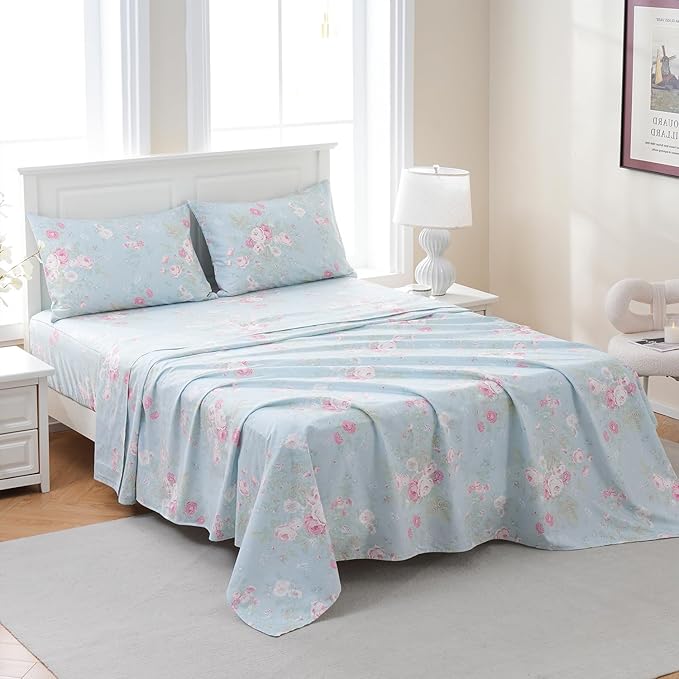 Zusbest Blue Floral Sheets Set California King 100% Cotton Pink Flowers Bed Sheet Shabby Vintage Chic Bedding Romantic Pastoral Original Design Soft Luxury Deep Pocket Fitted Sheet 17.5'', 4 Pcs