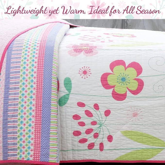 Cozy Line Home Fashions Pink Lavender Green Floral Print Girl 100% Cotton Reversible Quilt Bedding Set, Coverlet, Bedspread (Blossom, Twin - 4 Piece)