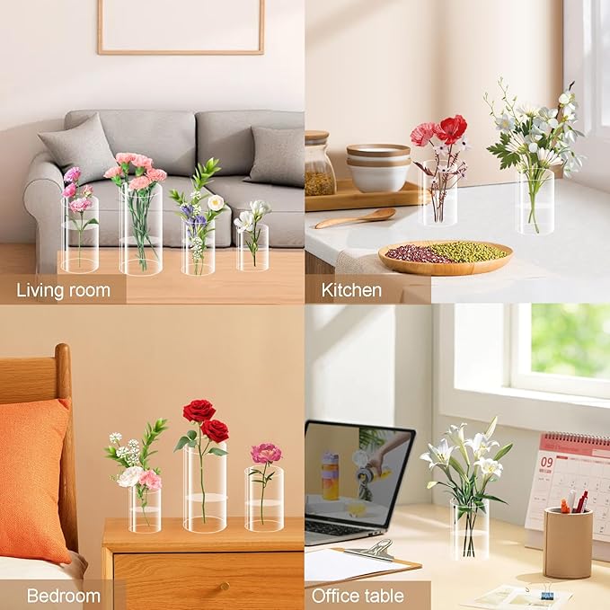 32 Pack Plastic Vases, 4 6 8 10 Inch Tall Acrylic Cylinder Vase Bulk Hurricane Candle Holder Large Clear Cylinder Plastic Vases for Centerpiece Flowers Wedding Party Home Office