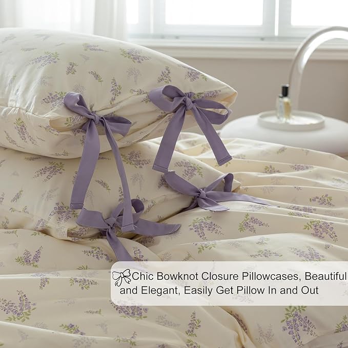 EAVD Girls Floral Duvet Cover Twin Soft 100% Cotton Chic Purple Lavender Floral Bedding Set with 2 Pillowcases Fresh Garden Botanical Duvet Cover with Zipper Closure Ties