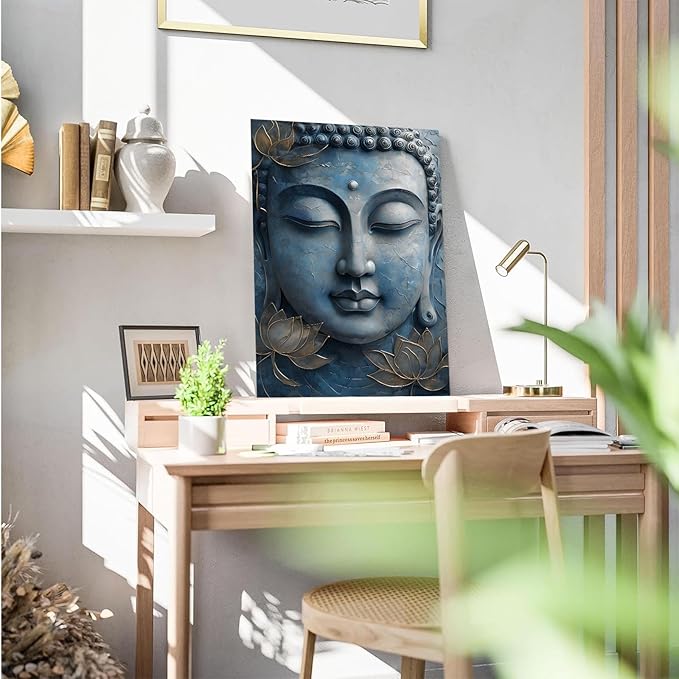 Canvas wall art Golden lotus crown Serene Buddha poster Ethereal blue toned art with delicate floral decor Zen wall art for a tranquil meditation space 32x48in Frameless