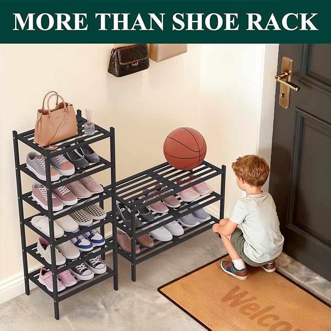 Smiry Long Bamboo Shoe Rack 5-Tier, Stackable Wooden Shoe Organizer for Entryway & Closet, Free Standing Wood Shoe Storage Shelf for Front Door & Small Spaces, Black