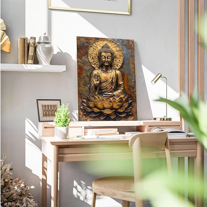 Buddha Wall Art Golden Buddha in Lotus Seat Serene spiritual statue radiant aura Meditation and mindfulness wall art suitable for sacred spaces 12x18in Wood Framed