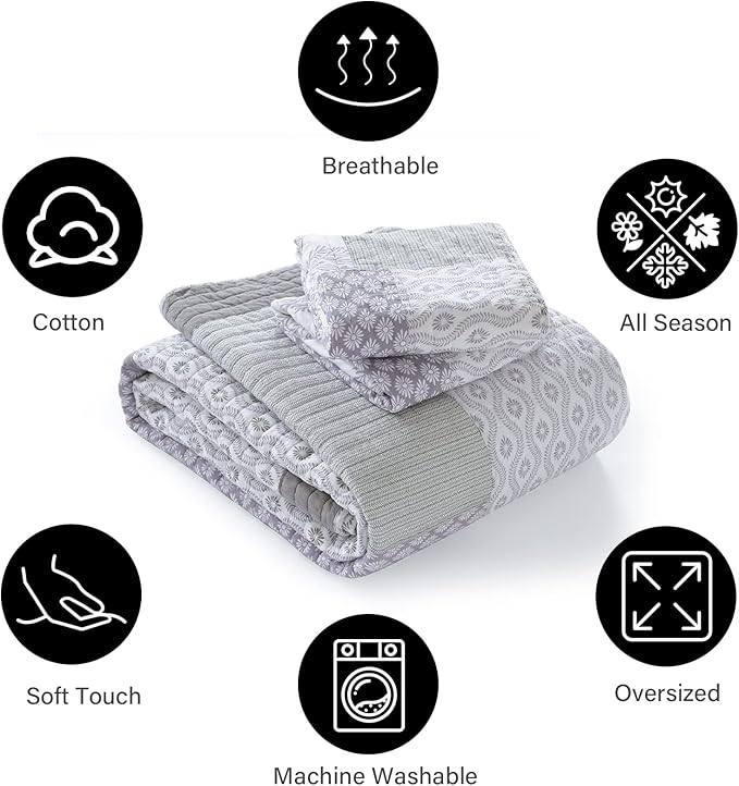 PANGUSHAN Quilt Set Queen Size, 100% Cotton Bedspread Quilt Bedding Set, Patchwork Reversible Floral Quilt for Queen Bed, Purple/Grey/White Bed Spread, Lightweight Comforter for All Season, 3 Pieces