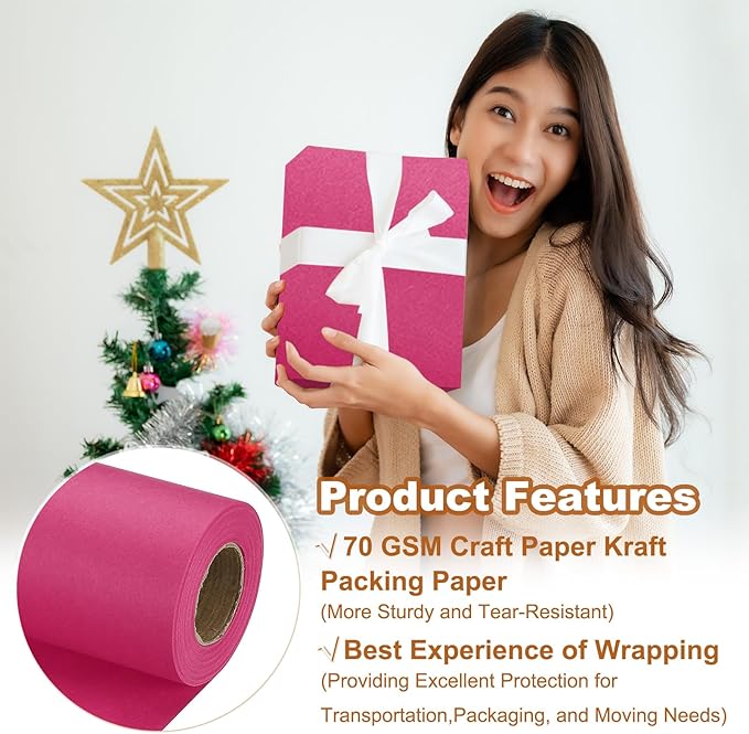 PATIKIL Wrapping Paper, 15" x 500"(42') 70 GSM Craft Paper Roll Kraft Packing Paper for Poster Bulletin Board, Gift Wrapping, Dark Pink