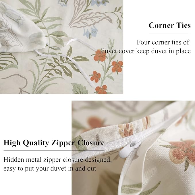 EAVD Reversible Botanical Floral Duvet Cover King White Soft Cotton Chic Shabby Garden Cute Floral Bedding Set with 2 Pillowcases Vintage Botanical Comforter Cover Set with Zipper Closure
