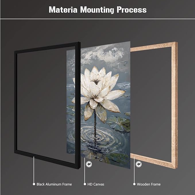 Stunning white lotus emerges from prismatic water with delicate petals background Serene aquatic wall art suitable for modern minimalist decor 16x24in Metal blackFramed