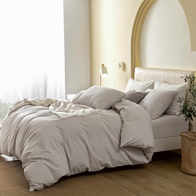 JIYUAN 100% Washed Cotton Duvet Cover Set 3 Pieces Super King, 1 Duvet Cover 108x98 Inches(Comforter Not Included) and 2 Pillowcases,Linen Feel Bedding Set Comfy and Breathable, Heathered Cream Grey