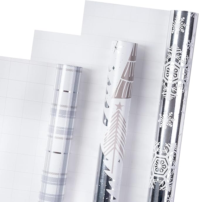 LeZakaa Christmas Wrapping Paper Bundle - Mini Roll with Bow, Ribbon, Sticker and Gift Tag -Silver Metallic Foil Design with Tree/Snowflake/Plaid Print- 17 x 120 inches -3 Rolls(42.5 sq.ft.ttl.)