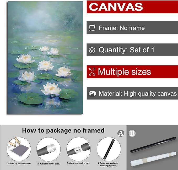 Zen wall art Delicate white lotus flower floating on calm water Vintage oil painting print Serene aquatic wall art creates a tranquil home decor 24x36in Frameless