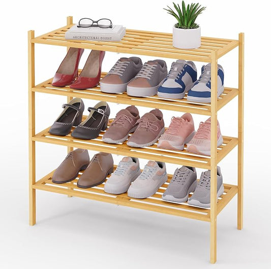 Smiry Bamboo Shoe Rack 4-Tier, Stackable Wooden Shoe Organizer for Entryway & Closet, Free Standing Wood Shoe Storage Shelf for Front Door & Small Spaces, Natural