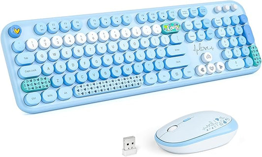 Wireless Keyboard and Mouse Combo, MOWUX Full Size Typewriter Retro Round Computer Keyboard, Cute Optical Mouse Wireless, Plug and Play, for Laptop, PC, Computer - Blue Heart