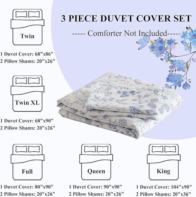 LifeTB Cotton Floral Duvet Cover Twin XL White Blue Floral Print Bedding Sets Vintage Boho Floral Comforter Cover Cottagecore Bedding Set Aesthetic Botanical Flower Duvet Cover with Zipper Closure